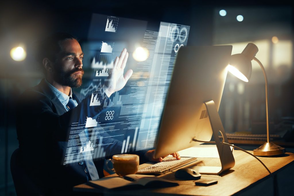 Data, virtual screen and business man using touchscreen technology dashboard to work at desk. Futur